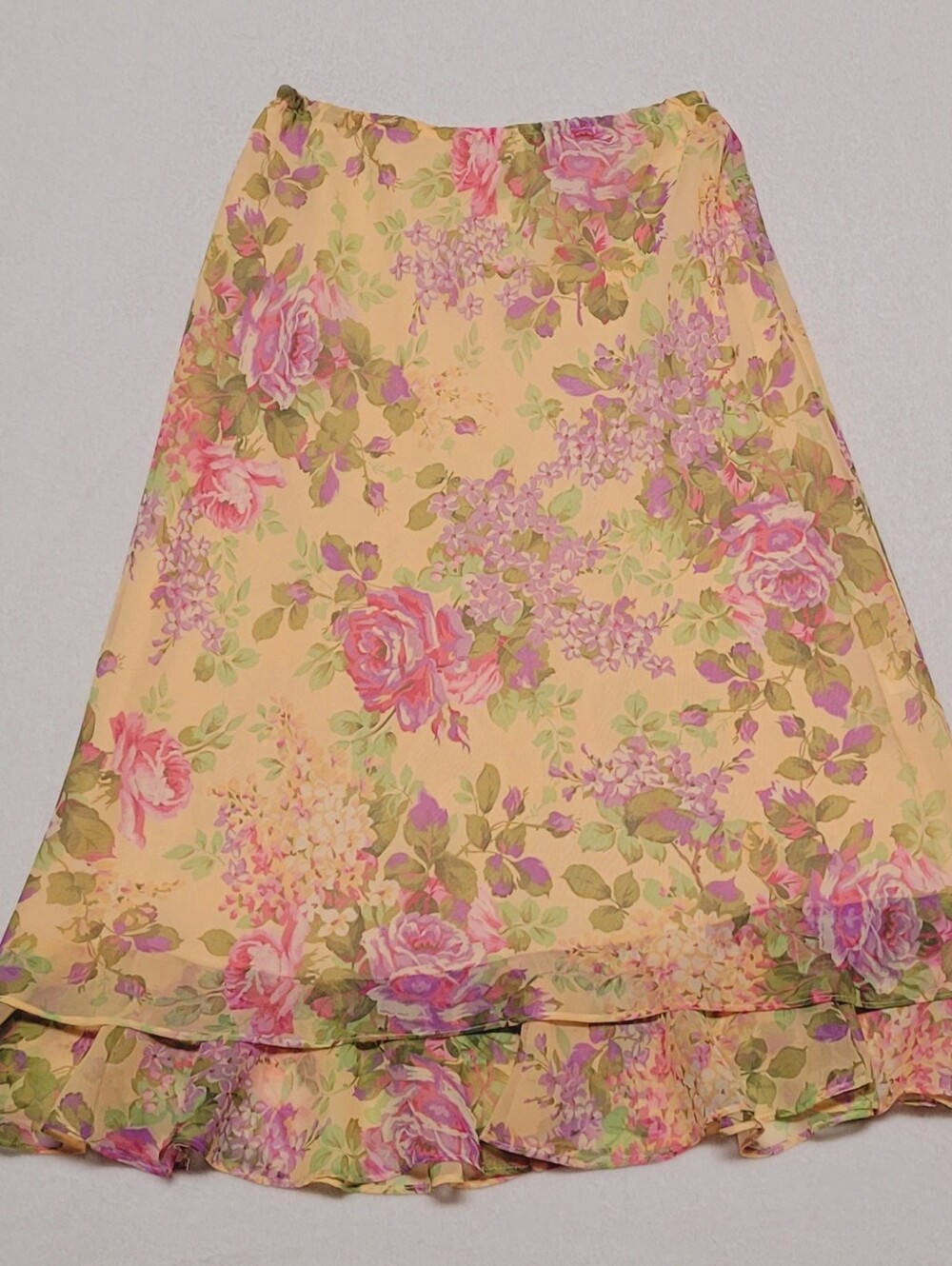 Boho 90s Vintage Peach Purple Floral Cabbage Rose Tiered Ruffle Midi Skirt 12 - Picture 2 of 8